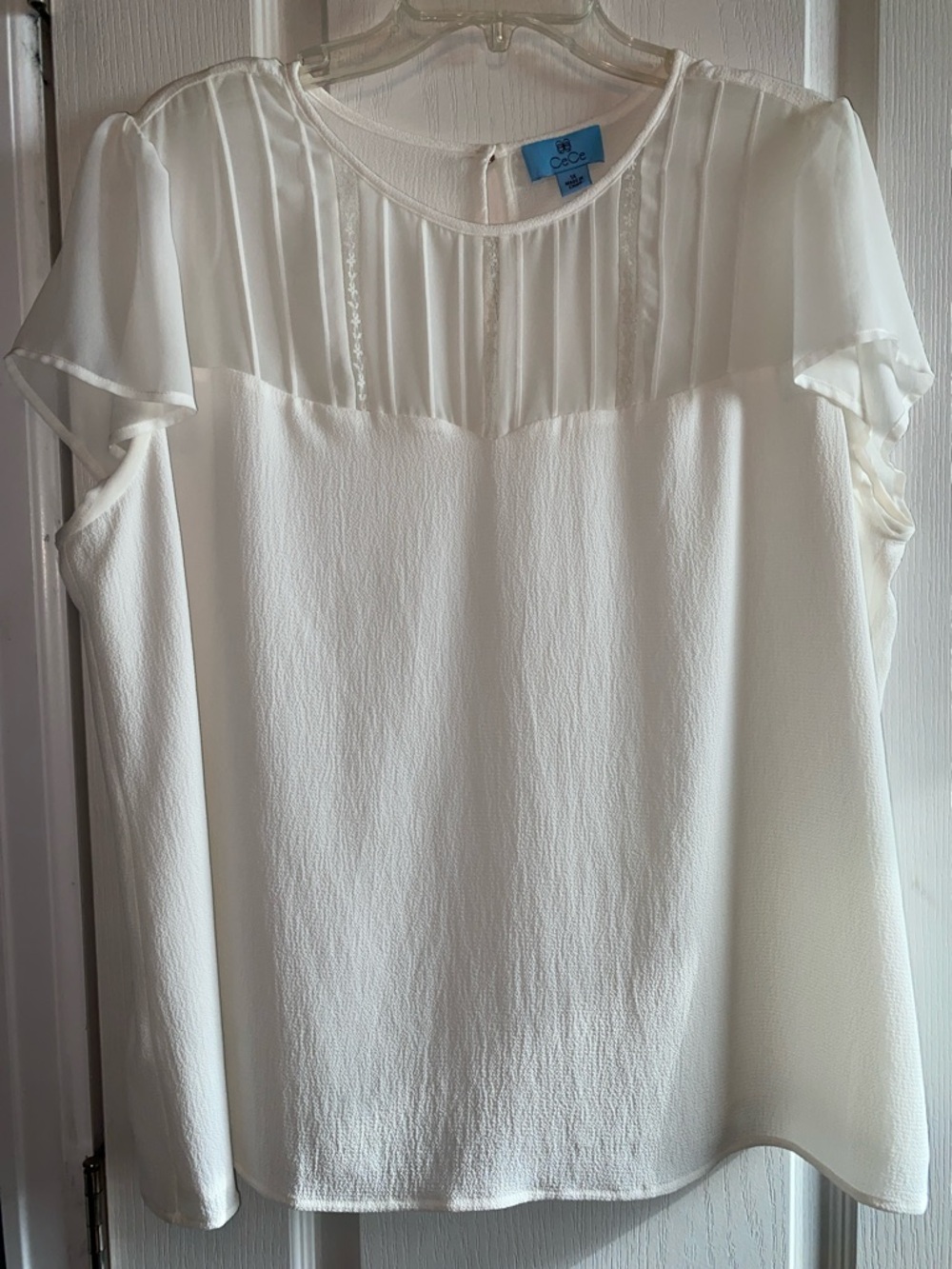 CeCe White Sheer Yoke Flutter Sleeve Top